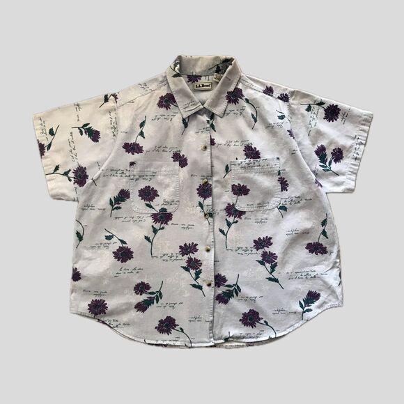 Vintage 90s LL Bean Blue Floral Botanical 100% Cotton Collared Shirt L/XL - Picture 1 of 8